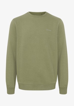 Oliwkowy sweatshirt z okrągłym dekoltem, wykonany z miękkiego materiału, z małym logo "blend" w jasnoszarym kolorze na klatce piersiowej oraz ribbowymi mankietami i dekoltem.