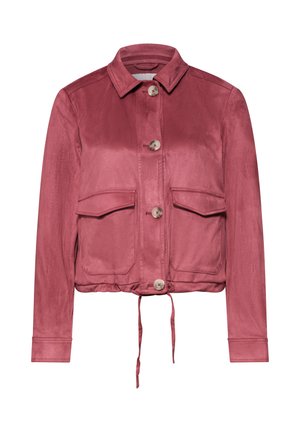 Veste courte rouge avec col, fermeture à boutons, deux poches à rabat à l'avant, manches longues et ourlet ajustable par cordon.