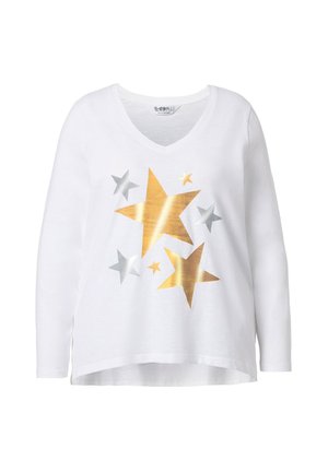 Witte lange mouw V-hals t-shirt met gouden en zilveren stergrafieken aan de voorkant. Zachte stof met een ontspannen, licht gebogen zoom.