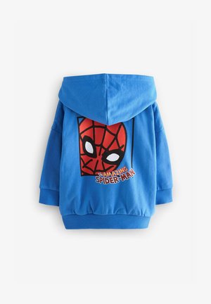 Sininen huppari pehmeästä kankaasta, jossa on suuri Spider-Man -grafiikka selkäpuolella, punainen ja musta naamio sekä teksti.