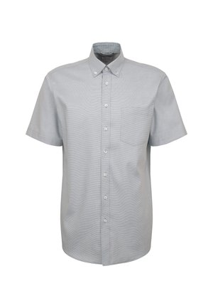 Camicetta a maniche corte con bottoni in tessuto grigio chiaro, caratterizzata da un motivo a scacchi all'interno del colletto e una singola tasca sul petto.