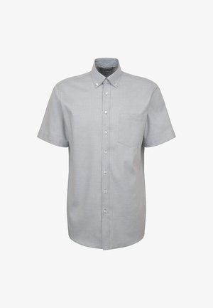 Camicetta a maniche corte con bottoni in tessuto grigio chiaro, caratterizzata da un motivo a scacchi all'interno del colletto e una singola tasca sul petto.