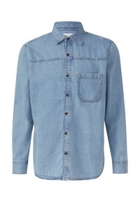 Lichtblauwe denim overhemd met lange mouwen, voor knopen, een enkele borstzak en een puntige kraag.