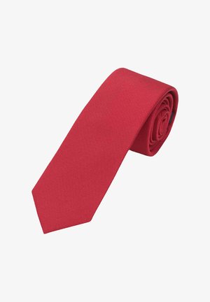 Rote Krawatte aus strukturiertem Stoff mit klassischem Design und spitz zulaufendem Ende, ordentlich gerollt zum Aufbewahren.
