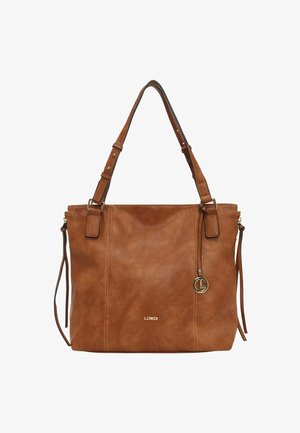 Braune Kunstleder-Tote mit strukturierter Oberfläche, doppelten Griffen und goldfarbener Logo-Akzentuierung. Verfügt über einen Reißverschlussverschluss und einen abnehmbaren Schultergurt.