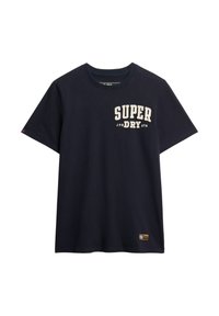 Camiseta de algodón azul marino con mangas cortas. Presenta el texto impreso en blanco "SUPER JPN DRY ATH" y una pequeña etiqueta de marca en el dobladillo.