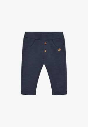 Pantalones jogger azul marino con textura suave, cintura acanalada, dos bolsillos delanteros, botones de madera y puños doblados.