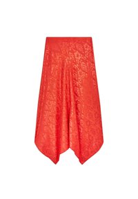 Gonna rossa con un design fluente, caratterizzata da un motivo testurizzato su tutta la superficie e orli asimmetrici che creano un effetto drappeggiato.