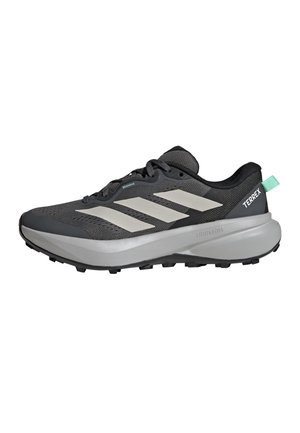 Czarne i szare buty biegowe Adidas Terrex trail z białymi paskami, grubą amortyzowaną podeszwą i turkusową pętelką na pięcie.