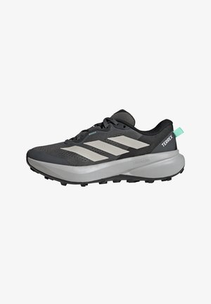 Czarne i szare buty biegowe Adidas Terrex trail z białymi paskami, grubą amortyzowaną podeszwą i turkusową pętelką na pięcie.