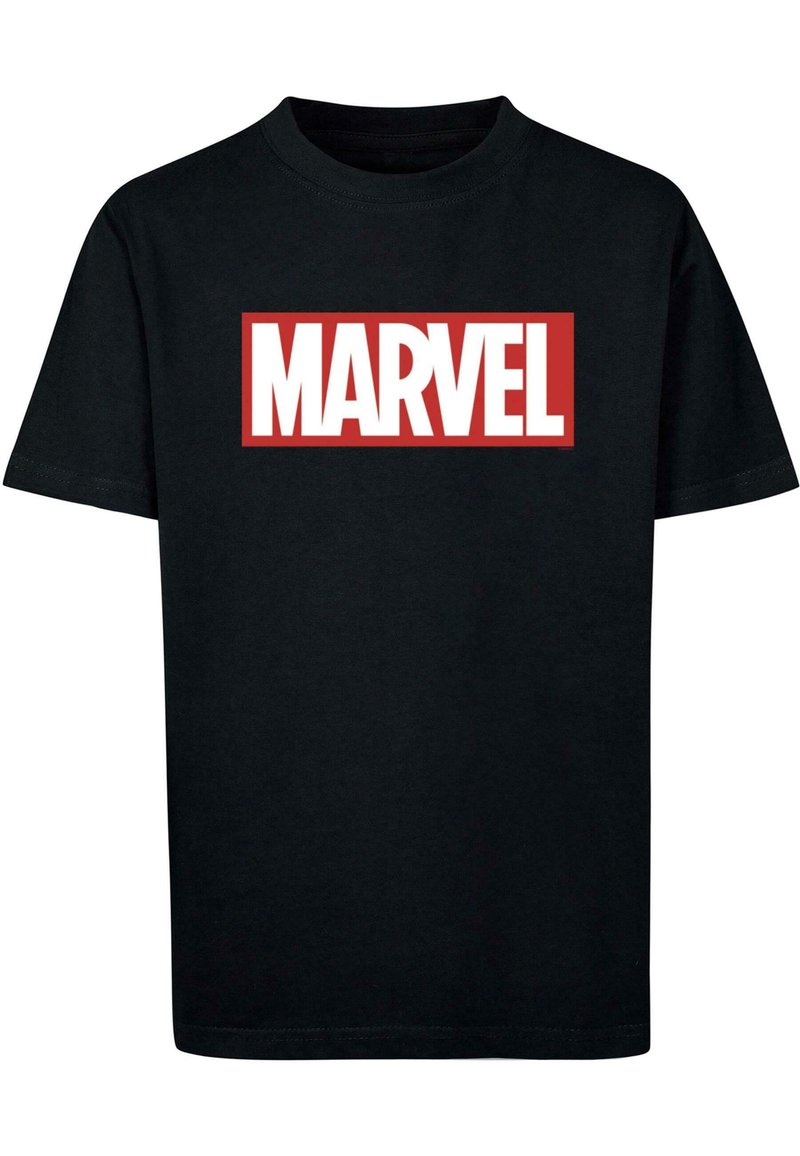Černé bavlněné tričko s bílým logem "MARVEL" v červeném obdélníku přes hruď. Krátké rukávy a design s kulatým výstřihem.