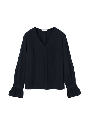 Črna bluzna z dolgimi rokavi z V-izrezom in nabranimi manšetami, preprost dizajn, brez vzorcev ali okraskov, ohlapen kroj.