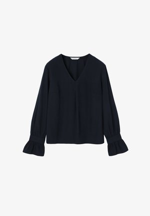 Schwarze langärmlige Bluse mit V-Ausschnitt und Rüschensäumen, schlichtes Design, ohne Muster oder Verzierungen, lockere Passform.