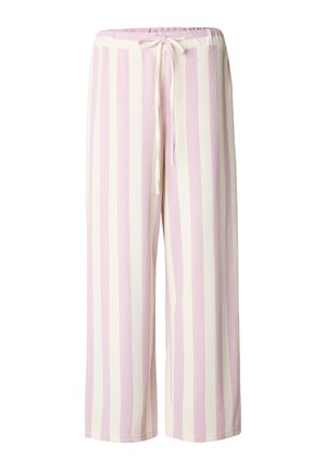Luźne spodnie dresowe z szerokimi nogawkami w pionowe różowo-białe paski, z troczkiem z przodu na talii.