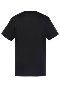 Camiseta de algodón negra con mangas cortas, neckline redondeado y una textura suave. Sin patrones ni logotipos visibles en la parte posterior.