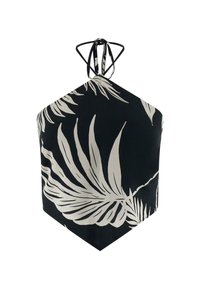 Top noir à col halter avec de grands motifs de feuilles ivoire. Le design a une forme triangulaire et est confectionné dans un tissu lisse et léger.