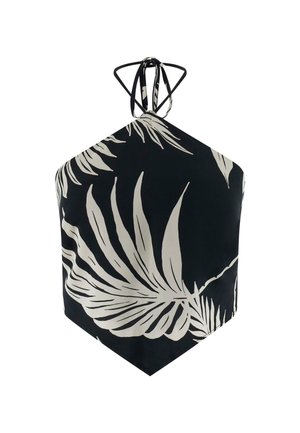 Zwarte haltertop met grote, off-white bladerenpatronen. Het ontwerp heeft een driehoekige vorm en is gemaakt van een gladde, lichte stof.