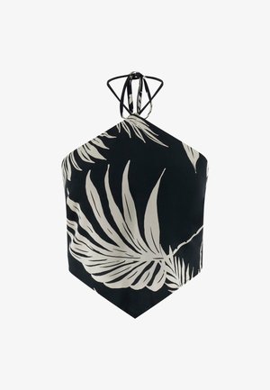 Top noir à col halter avec de grands motifs de feuilles ivoire. Le design a une forme triangulaire et est confectionné dans un tissu lisse et léger.