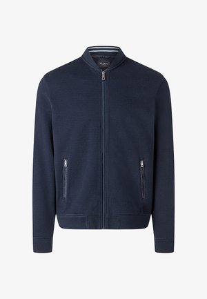 Marineblaue Bomberjacke mit Frontreißverschluss, zwei seitlichen Reißverschlusstaschen und einem gestreiften Innenkragendetail.