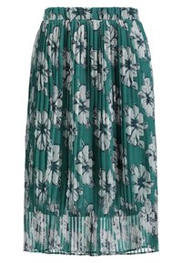 Gonna plissettata in teal con grande motivo floreale bianco. Vita elasticizzata; trama trasparente con un design fluttuante e a strati.