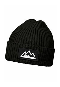 Black knit beanie with ribbed texture, featuring a fold-up cuff and a rectangular patch displaying white mountain graphics.