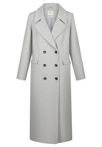 Szary płaszcz dwurzędowy z mieszanki wełny, z kołnierzem z wycięciem, dwoma przednimi kieszeniami i czarnymi guzikami. Sięgający kolan, z długimi rękawami i prostym krojem.