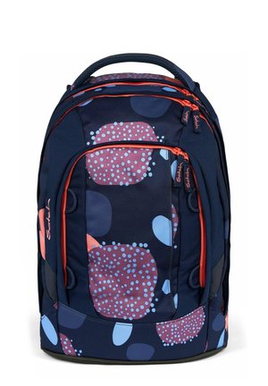 Marineblauer Rucksack mit buntem Punktmuster in Pink und Blau. Verfügt über doppelte Reißverschlüsse mit leuchtend orangefarbenen Zippern und einem gepolsterten Griff für zusätzlichen Komfort.