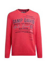 Roter Strick-Sweatshirt mit Rundhalsausschnitt, langen Ärmeln und grafischen Textmustern in Marineblau, mit gerippten Bündchen und Saum.