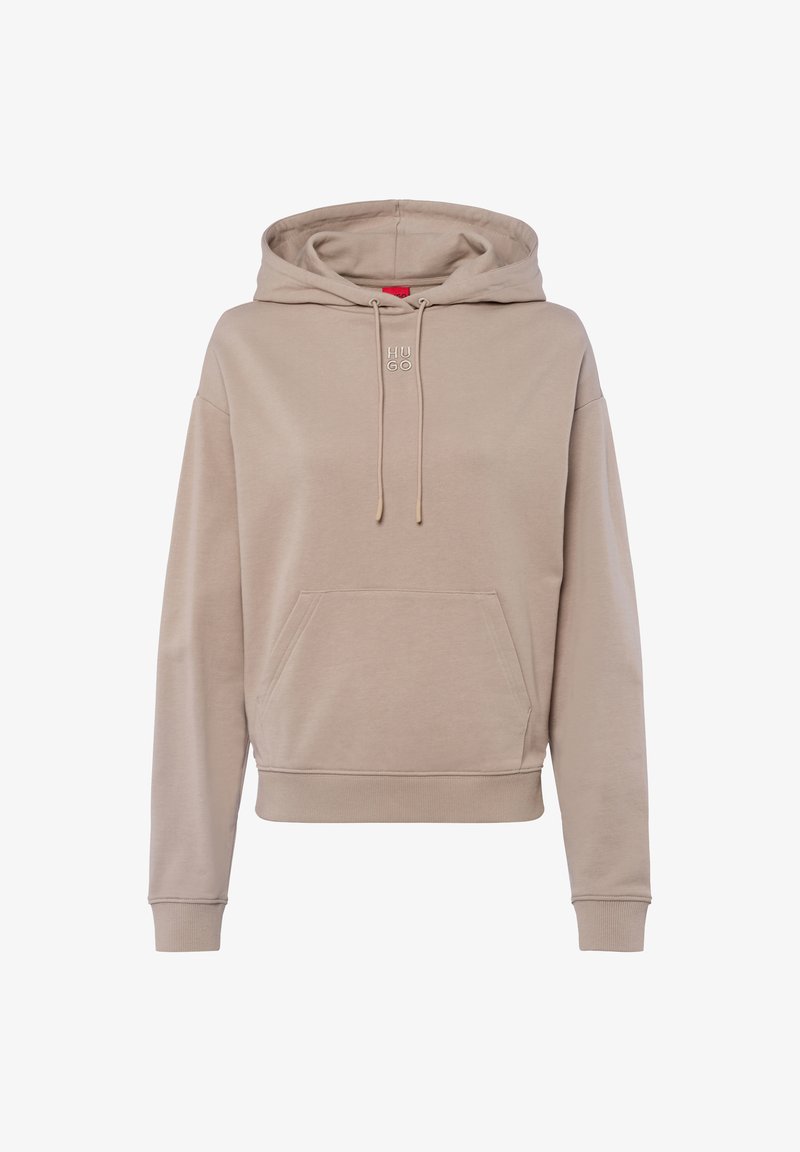 Beige hoodie met een kangoeroezak, capuchon met trekkoord en geborduurd "HUGO" logo. Voorzien van ribbelmanchetten en -zoom, zachte stoftextuur.