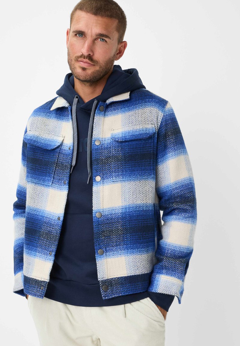 Giacca a scacchi blu e bianca con texture a spina di pesce, due tasche frontali e chiusura a bottoni, indossata sopra un hoodie blu navy.