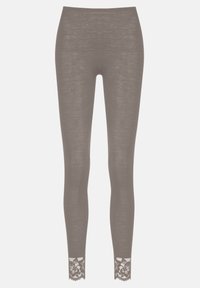Braune Leggings aus einem strukturierten Stoff mit floralem Spitzenbesatz am Knöchel. Enganliegendes Design, glatte Oberfläche und elastischer Bund.