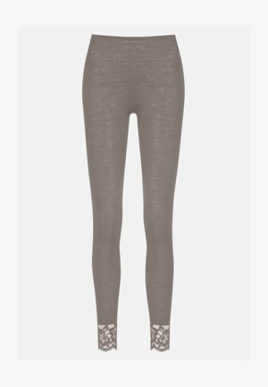 Brown leggings made of a textured fabric with floral lace trim at the ankle. Fitted design, smooth surface, and elastic waistband.