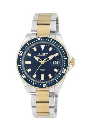 Quartz watch with a navy blue dial, stainless steel and gold-tone accents, luminous hands, date display, and a unidirectional bezel.