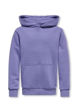 Plain purple hooded sweatshirt with long sleeves and a front kangaroo pocket on a white background.