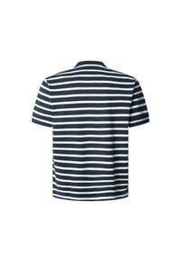 Navy blue and white striped short-sleeve shirt with a collar. Soft fabric, casual fit, and straight hem at the bottom.