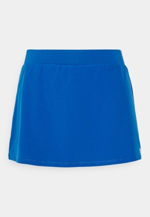 Jupe de sport bleue avec une texture lisse, ceinture élastique et un design simple. Coupe ajustée avec un ourlet légèrement évasé.