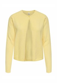 Cardigan jaune avec encolure ronde, devant ouvert et manches longues. Confectionné en tissu doux et texturé avec un motif subtil.