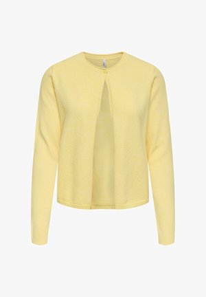 Cardigan jaune avec encolure ronde, devant ouvert et manches longues. Confectionné en tissu doux et texturé avec un motif subtil.