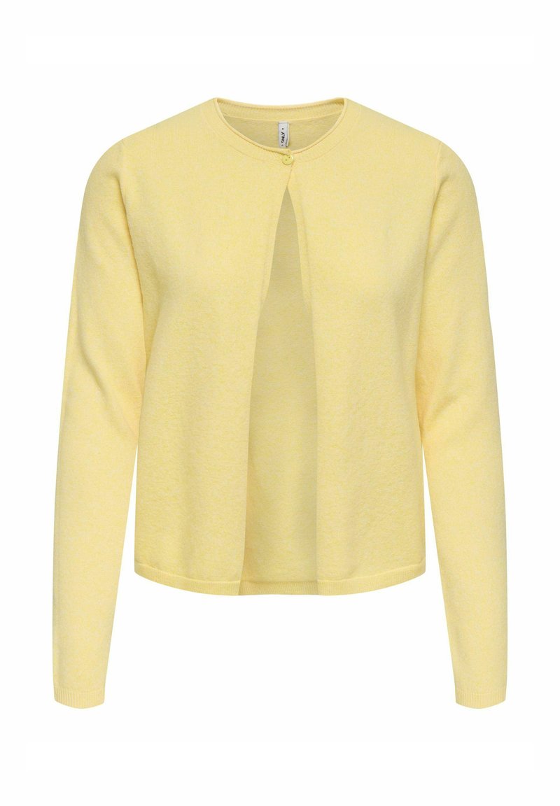 Cardigan jaune avec encolure ronde, devant ouvert et manches longues. Confectionné en tissu doux et texturé avec un motif subtil.