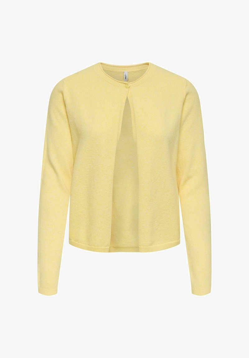 Cardigan jaune avec encolure ronde, devant ouvert et manches longues. Confectionné en tissu doux et texturé avec un motif subtil.