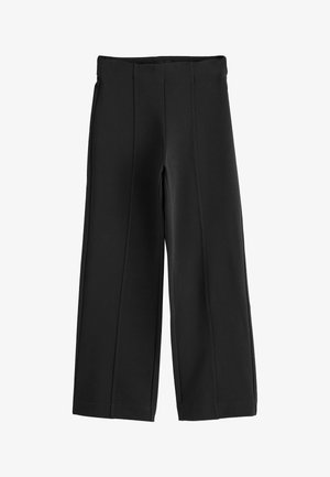 Black high-waist wide-leg trousers with front seam details and a smooth waistband.