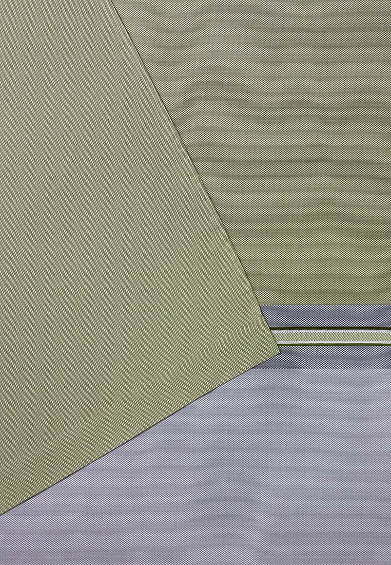 Formes géométriques superposées dans des tons de vert et de gris atténués, avec une bande rayée étroite séparant les deux zones principales.