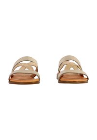 Beige Riemchensandalen mit zwei überlappenden Fußgewölbebändern, Offene-Bei-Design, flache Sohle und einer glatten Lederoberfläche.