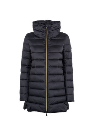 Schwarze Puffermantel mit Kapuze, mit einem Reißverschluss vorne, gestepptem Design und elastischen Akzenten. Hergestellt aus glänzendem, leichtem Material.