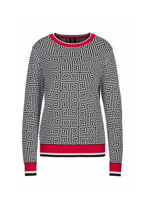 Schwarz-weißer Pullover mit geometrischem Muster, Rundhalskragen und roten Akzenten an Kragen und Bündchen. Stricktextur, normaler Schnitt.