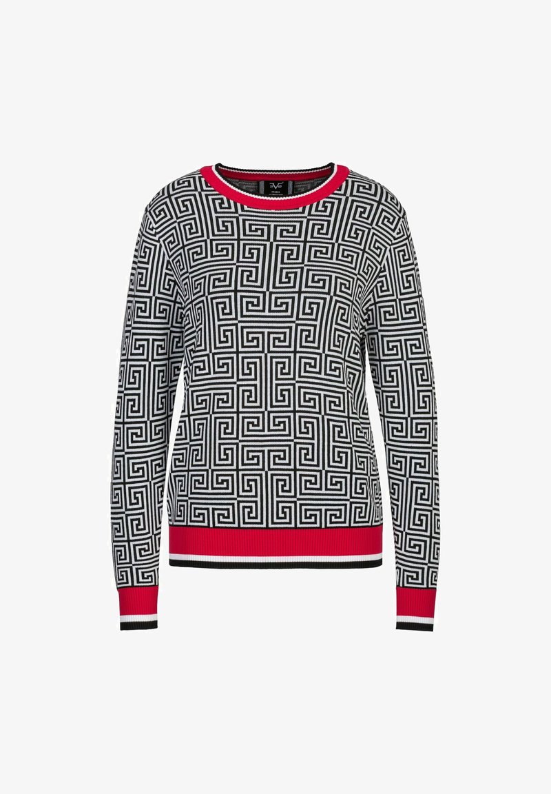 Schwarz-weißer Pullover mit geometrischem Muster, Rundhalskragen und roten Akzenten an Kragen und Bündchen. Stricktextur, normaler Schnitt.