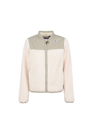 Fleece-gevoerde jas met een taupe nylon bovenkant, crème lichaam, ritssluiting aan de voorkant en afgeronde kraag. Bevat een geborduurd logo op de borst.