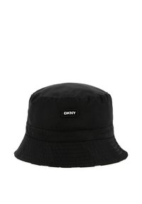 Chapeau seau noir en nylon, avec un large bord, étiquette DKNY à l'avant et texture lisse. Le design est épuré avec des accents minimaux.
