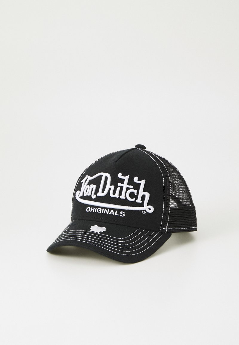 Schwarze Kappe mit runder Krone, gebogenem Schirm und Netzrücken. Auf der Vorderseite befindet sich das weiße gestickte "Von Dutch Originals"-Logo und weiße Nähte.