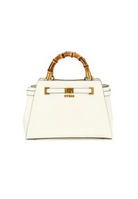 Biała torebka strukturalna o teksturowym wykończeniu, ze złotymi akcentami i bambusowym uchwytem. Na przodzie widoczny jest wyraźny logo marki.